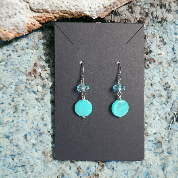 Handmade Teal and Crystal Drop Earrings Hook Back Women Elegant Jewelry Gift - Picture 1 of 3